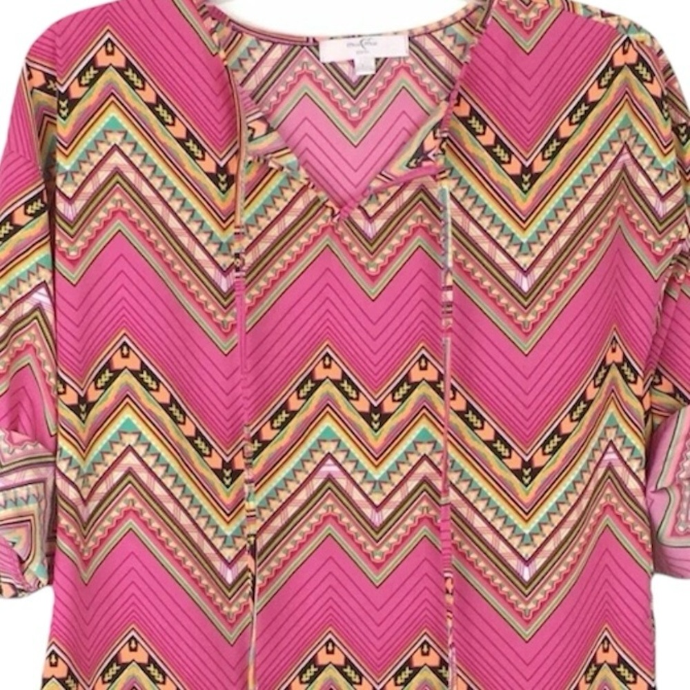 Girls Shirt Size Large Moa Moa Hot Pink Chevron Aztec Roll Tab Sleeves Bouse